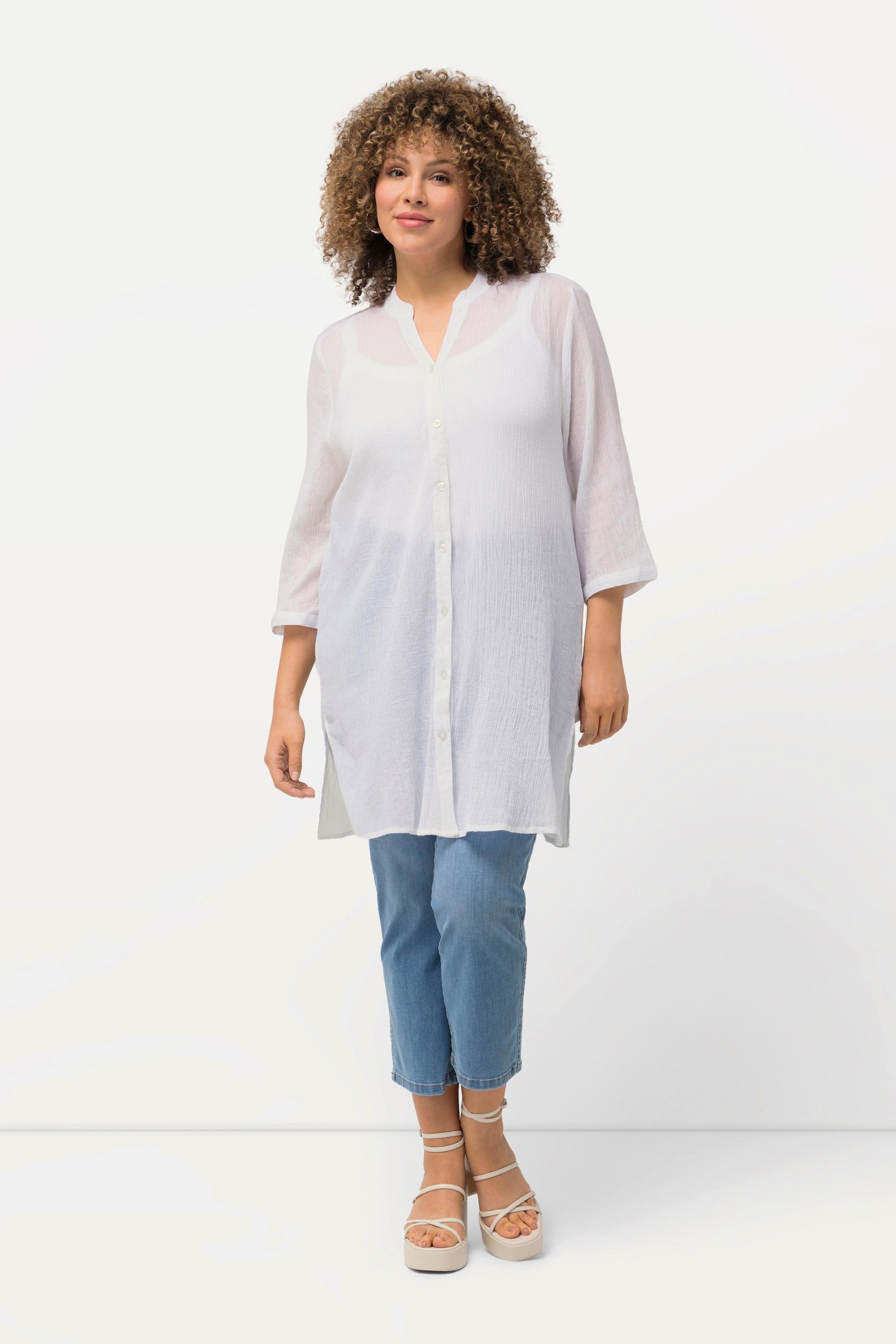 Ulla Popken  Longbluse, Krepp, Stehkragen, V-Ausschnitt, 3/4-Arm 