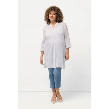 Longbluse, Krepp, Stehkragen, V-Ausschnitt, 3/4-Arm