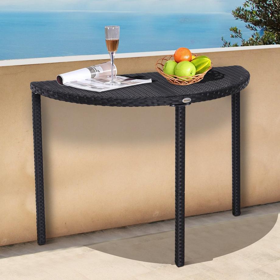Northio Balkontisch Halbrunder Garten Beistelltisch Aus Polyrattan Und Metall, Schwarz, 100 X 50 X 74 Cm  