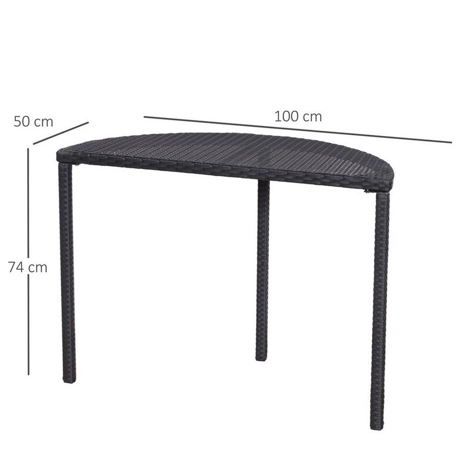 Northio Balkontisch Halbrunder Garten Beistelltisch Aus Polyrattan Und Metall, Schwarz, 100 X 50 X 74 Cm  
