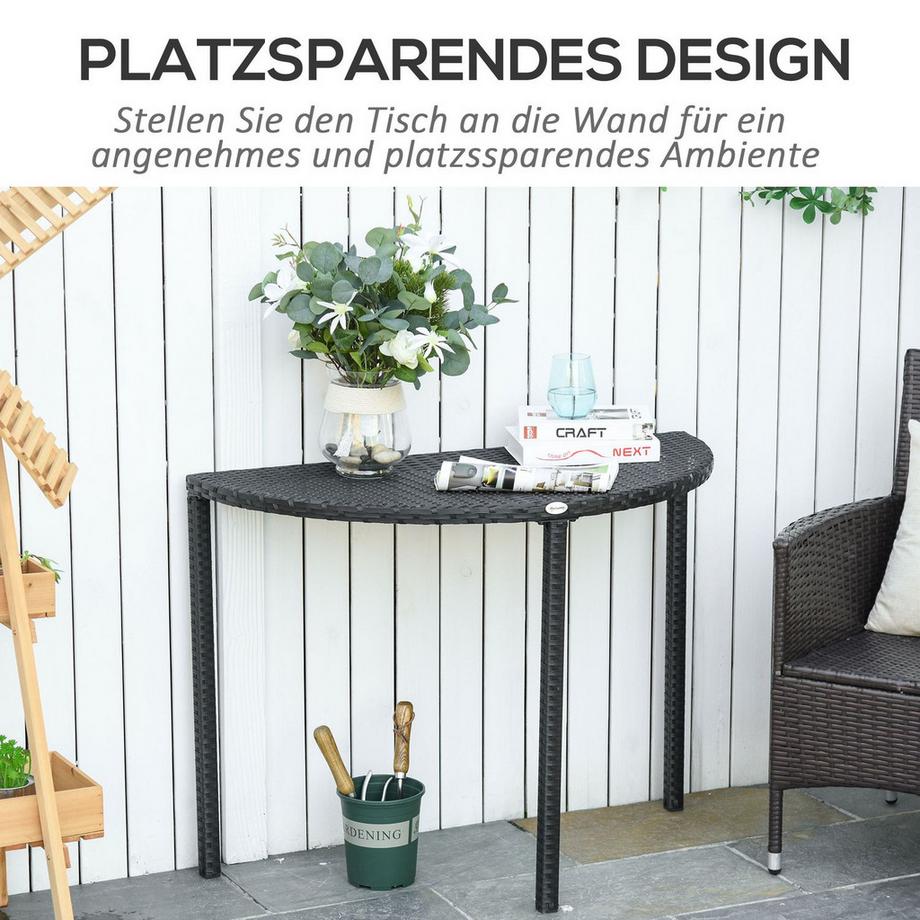 Northio Balkontisch Halbrunder Garten Beistelltisch Aus Polyrattan Und Metall, Schwarz, 100 X 50 X 74 Cm  