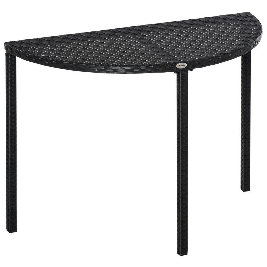 Balkontisch Halbrunder Garten Beistelltisch Aus Polyrattan Und Metall, Schwarz, 100 X 50 X 74 Cm