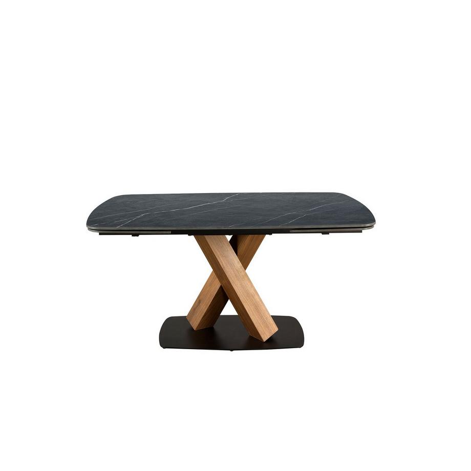 ANGEL CERDA Table de salle à manger ovale à rallonge en marbre de porcelaine et tonneau en noyer  