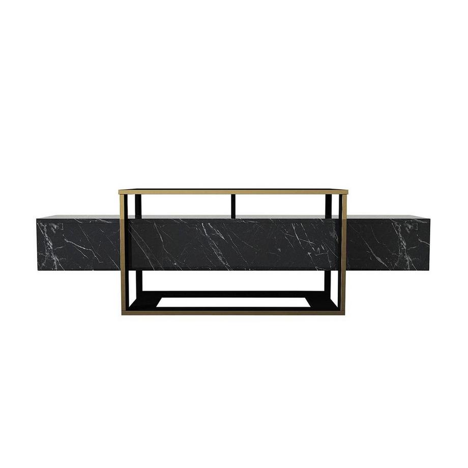 Vente-unique TV-Möbel mit 2 Ablagen - Marmor-Optik - Schwarz & Goldfarben - COMEBI  