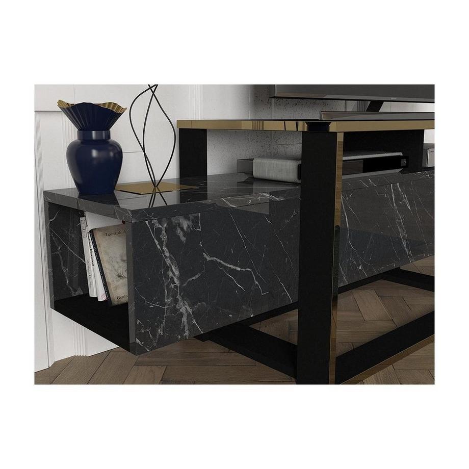 Vente-unique TV-Möbel mit 2 Ablagen - Marmor-Optik - Schwarz & Goldfarben - COMEBI  