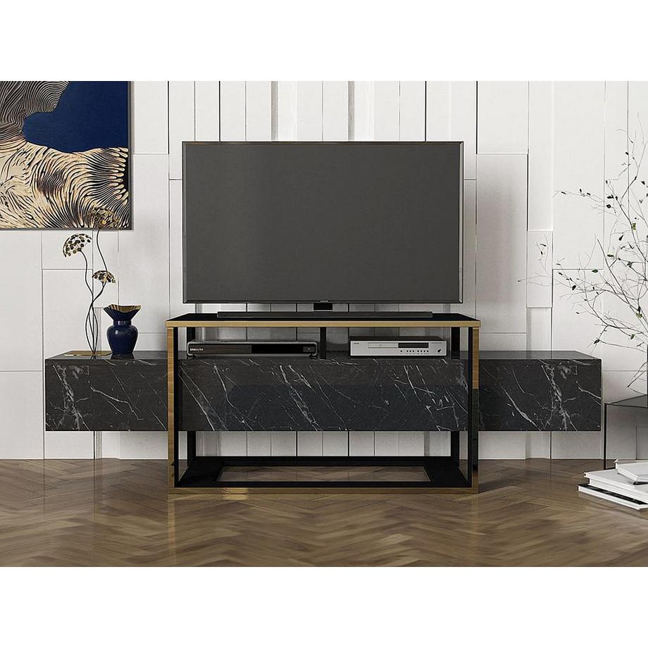 Vente-unique TV-Möbel mit 2 Ablagen - Marmor-Optik - Schwarz & Goldfarben - COMEBI  