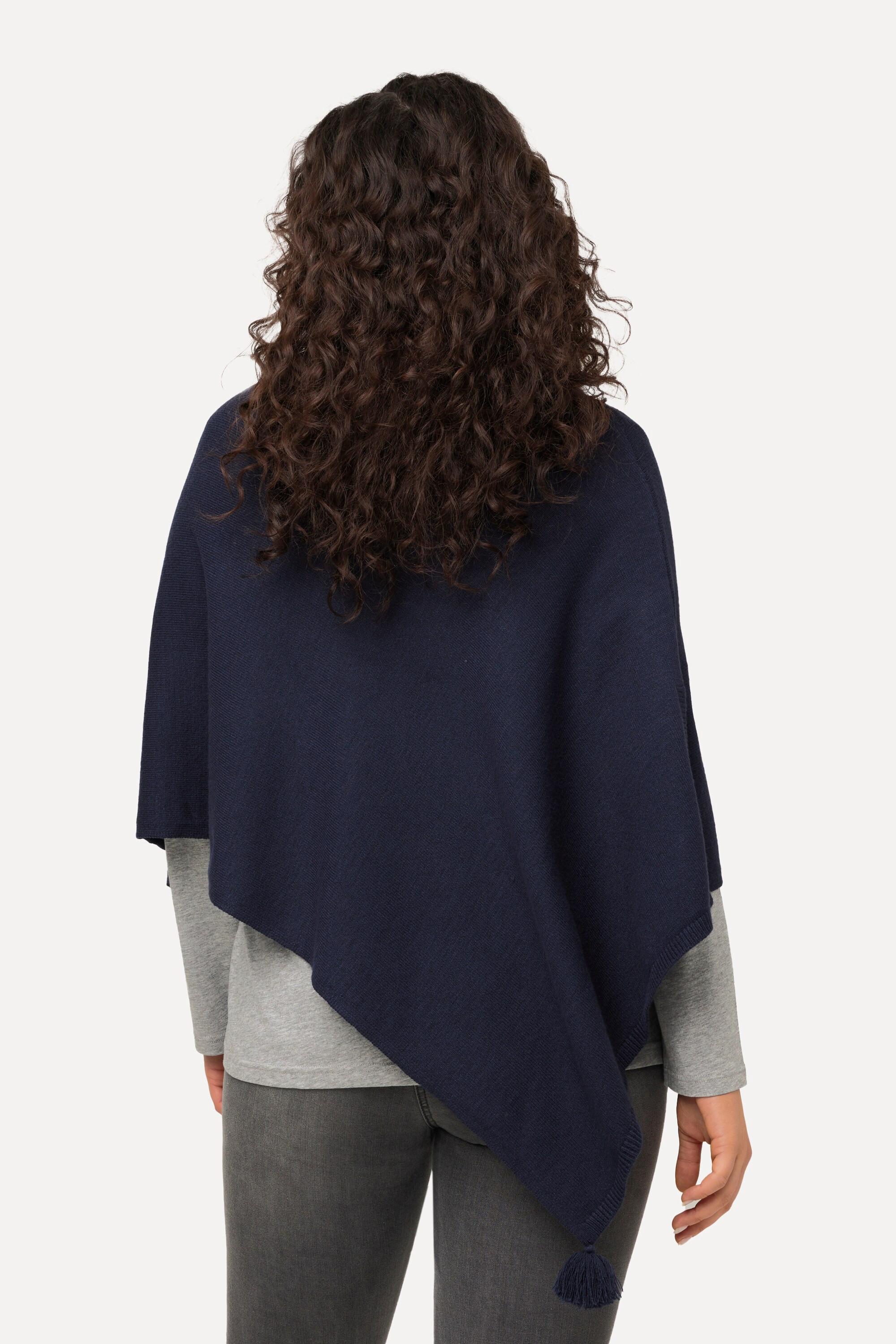 Ulla Popken  Poncho di maglia smanicato con orlo a punta, nappe e scollo a V 