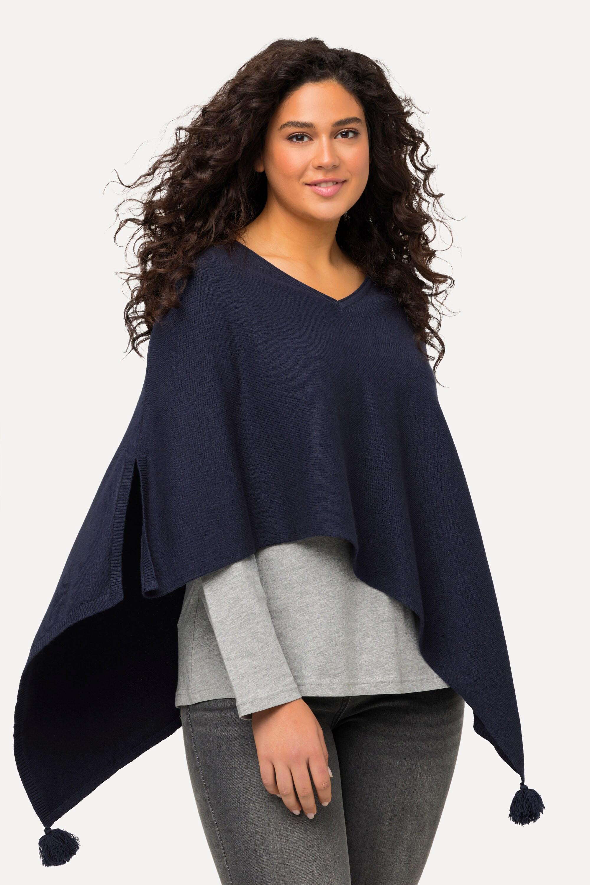 Ulla Popken  Poncho di maglia smanicato con orlo a punta, nappe e scollo a V 