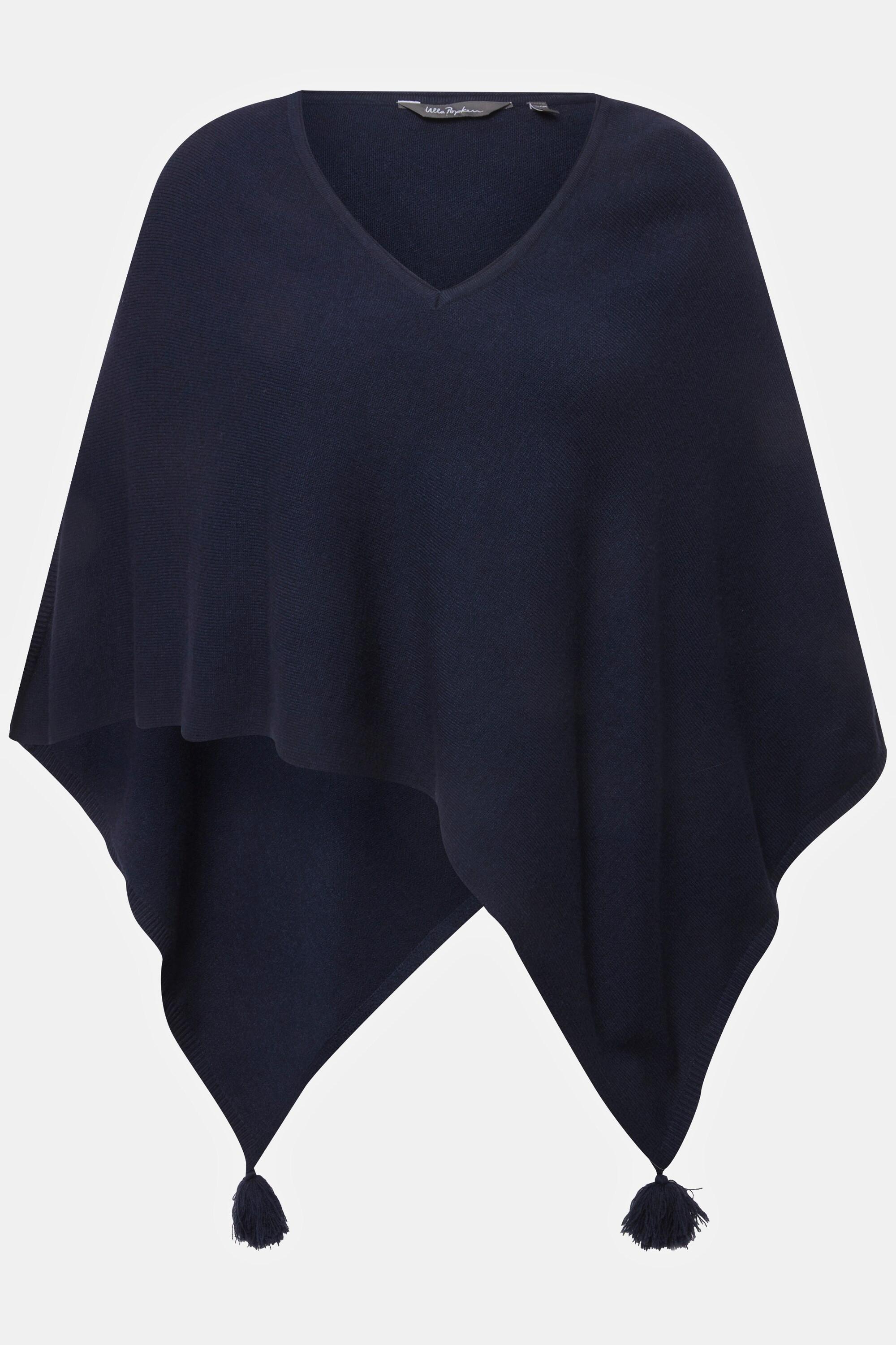 Ulla Popken  Poncho di maglia smanicato con orlo a punta, nappe e scollo a V 