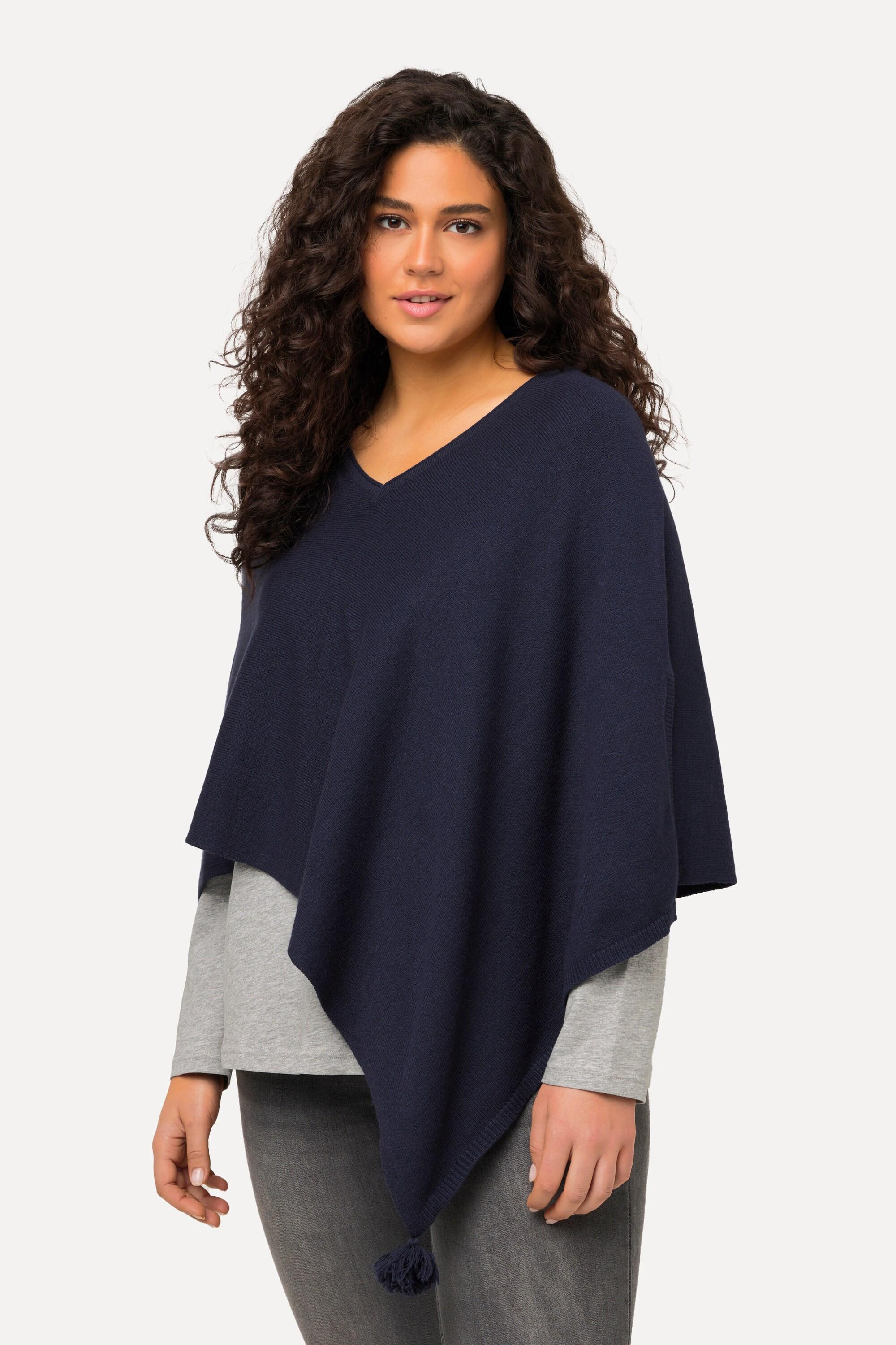 Ulla Popken  Poncho di maglia smanicato con orlo a punta, nappe e scollo a V 