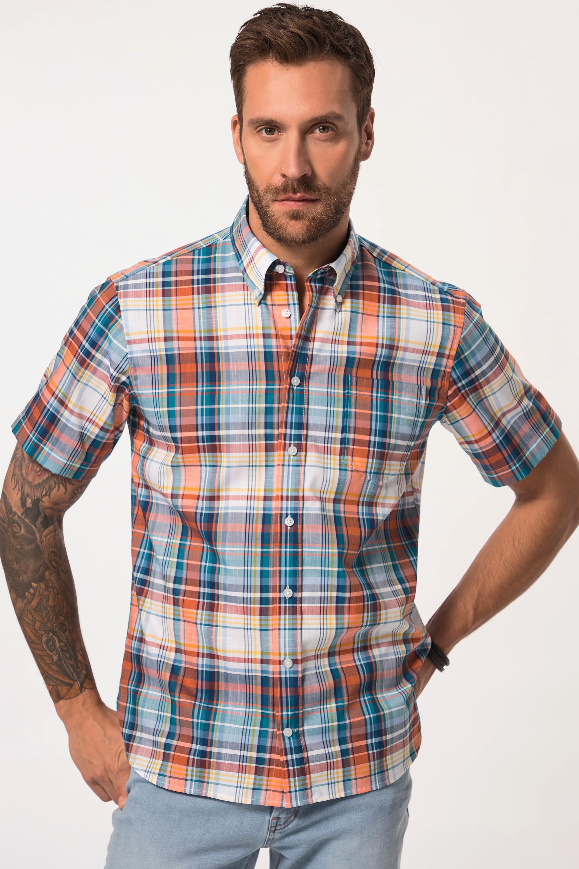 JP1880  Camicia a quadri con vestibilità moderna, colletto button-down e mezze maniche 