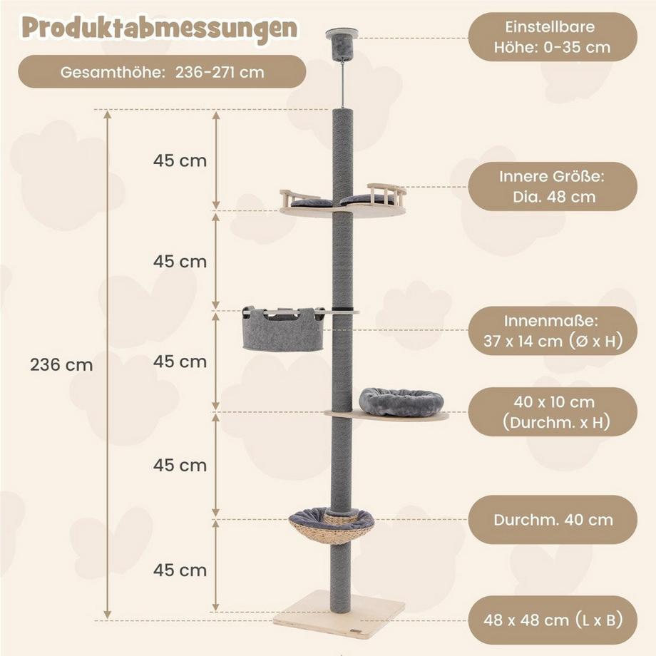 Northio  Kratzbaum deckenhoch 236-271 cm von Boden bis Decke Katzenmöbel Holz Grau 