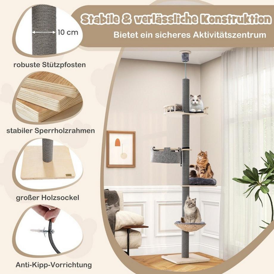 Northio  Kratzbaum deckenhoch 236-271 cm von Boden bis Decke Katzenmöbel Holz Grau 