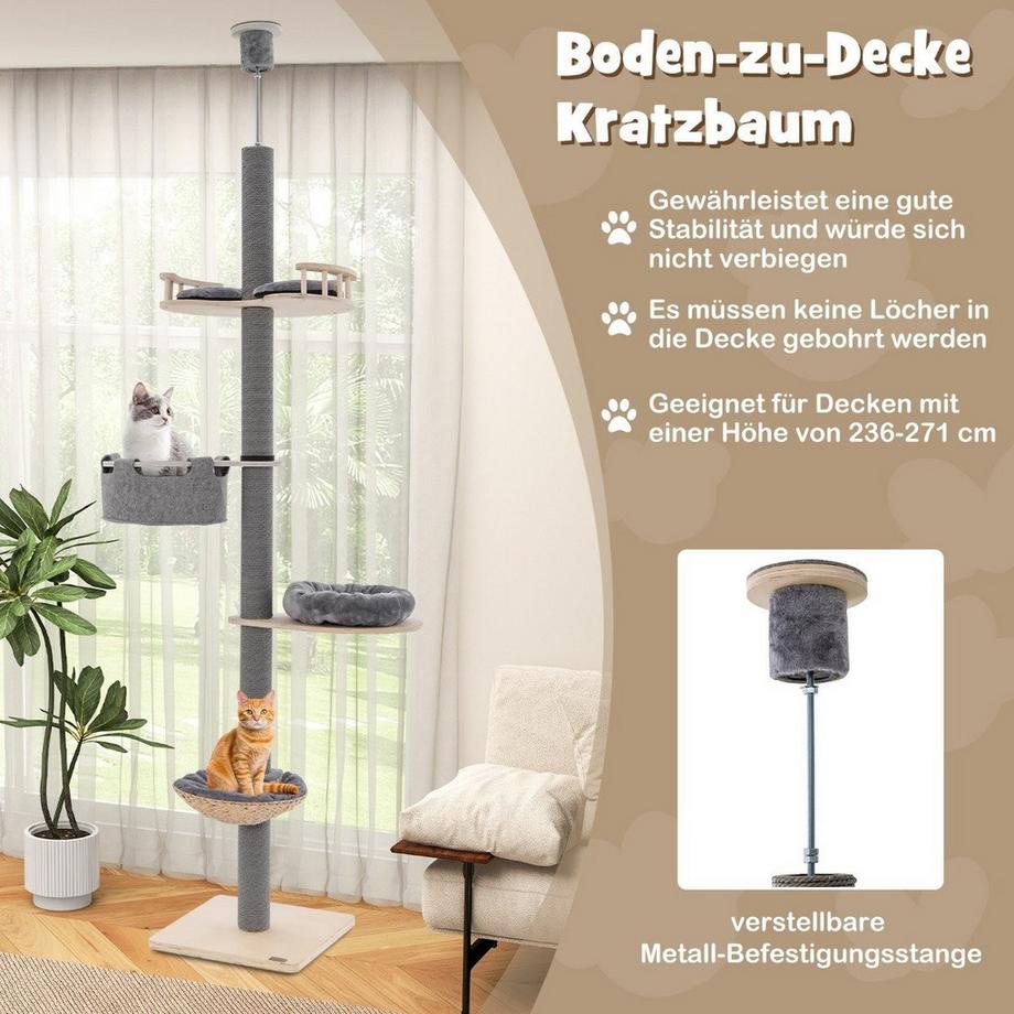 Northio  Kratzbaum deckenhoch 236-271 cm von Boden bis Decke Katzenmöbel Holz Grau 