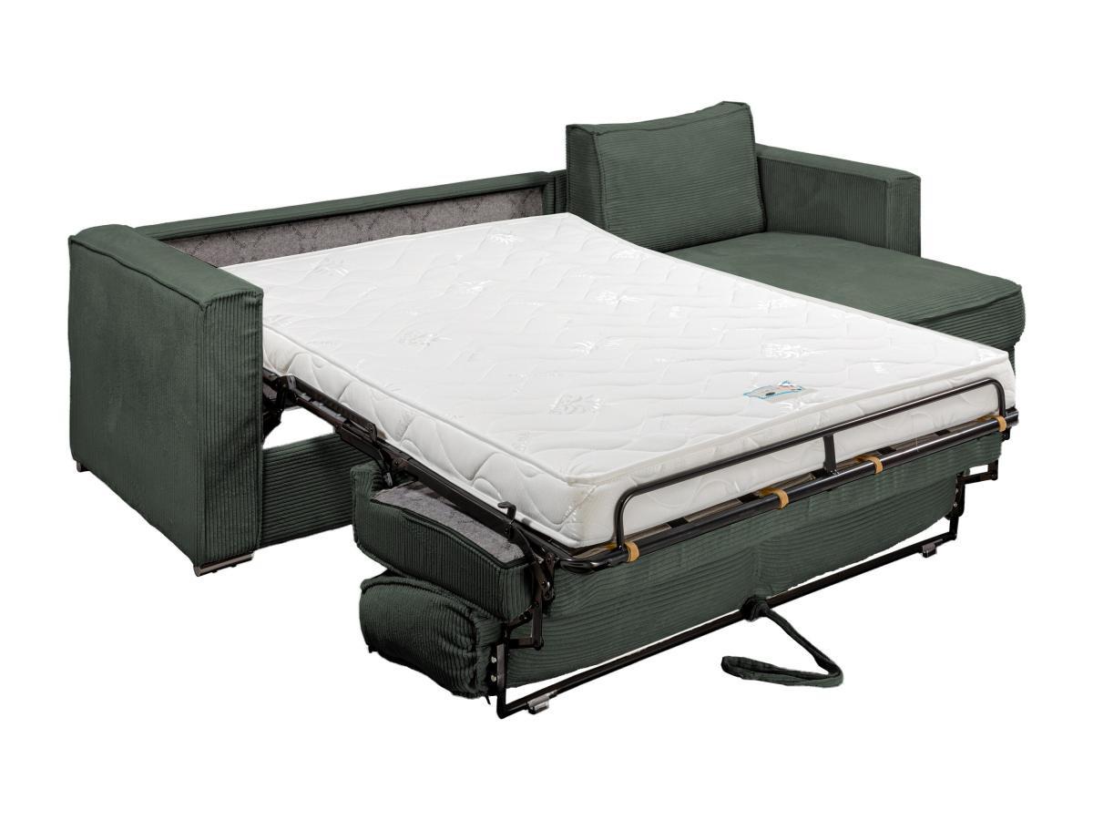 Vente-unique Canapé d'angle convertible express et réversible en velours côtelé vert - Couchage 140 cm - Matelas 14 cm LORETO  