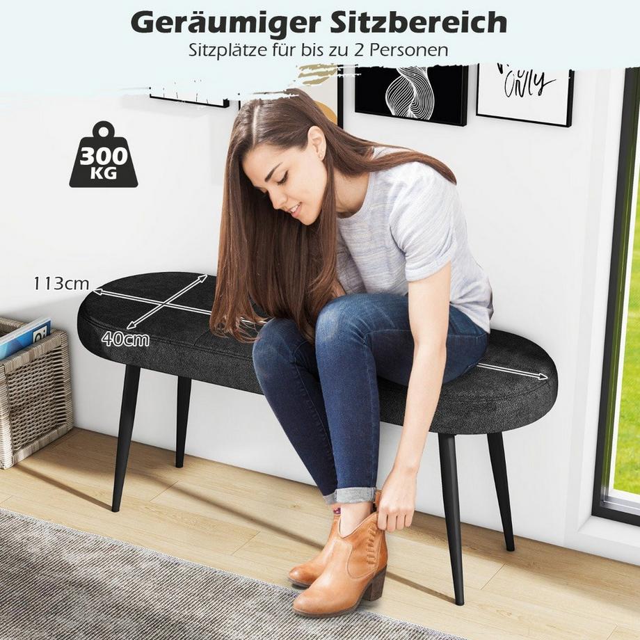 B2X  113 cm Sitzbank mit Kissen & Metallbeinen Polsterbank Ottomane bis 300 kg Belastbar Schwarz 
