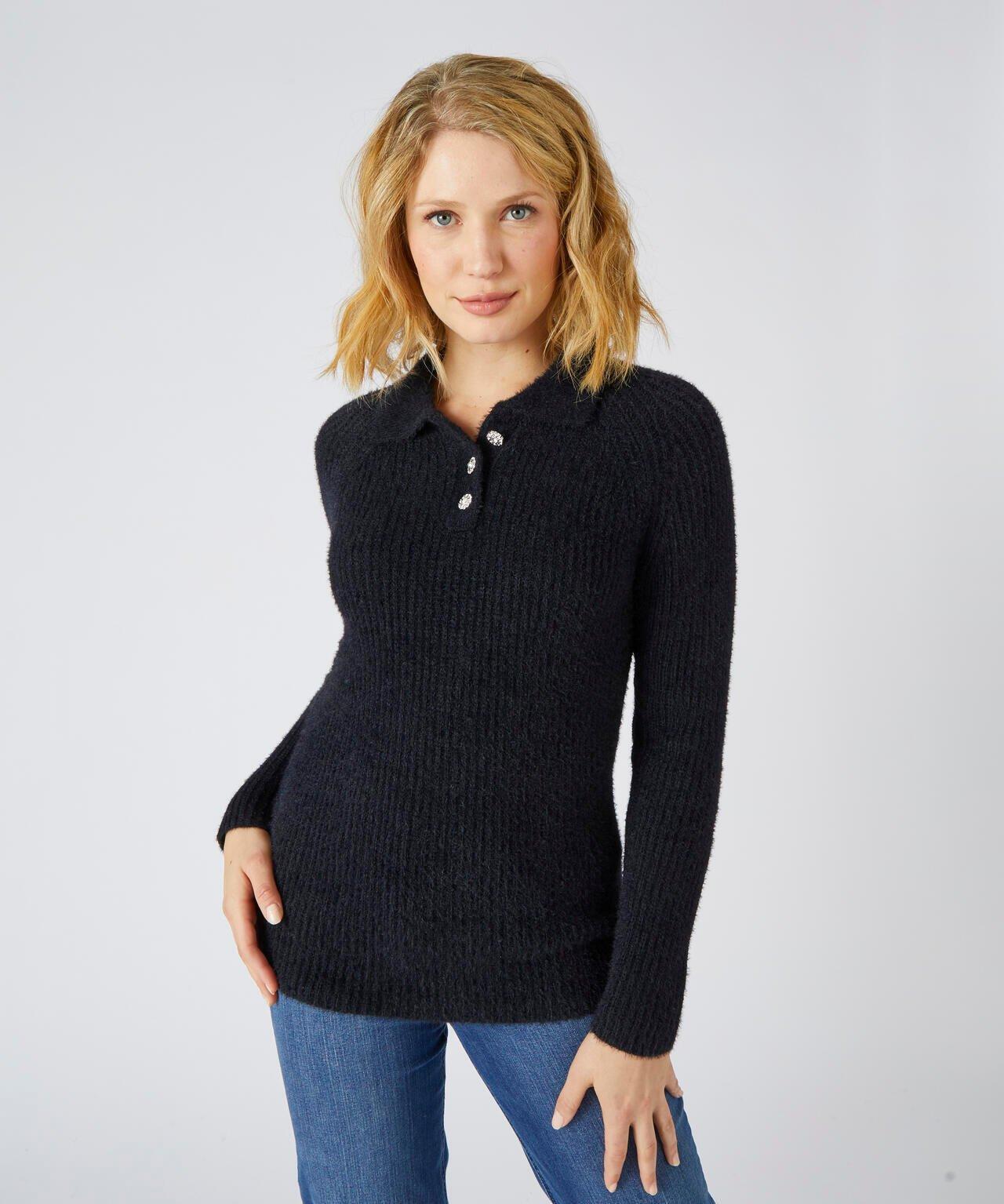 Image of Pullover Aus Umweltfreundlichem Fransenstrick Mit Polokragen. Damen Schwarz 46/48