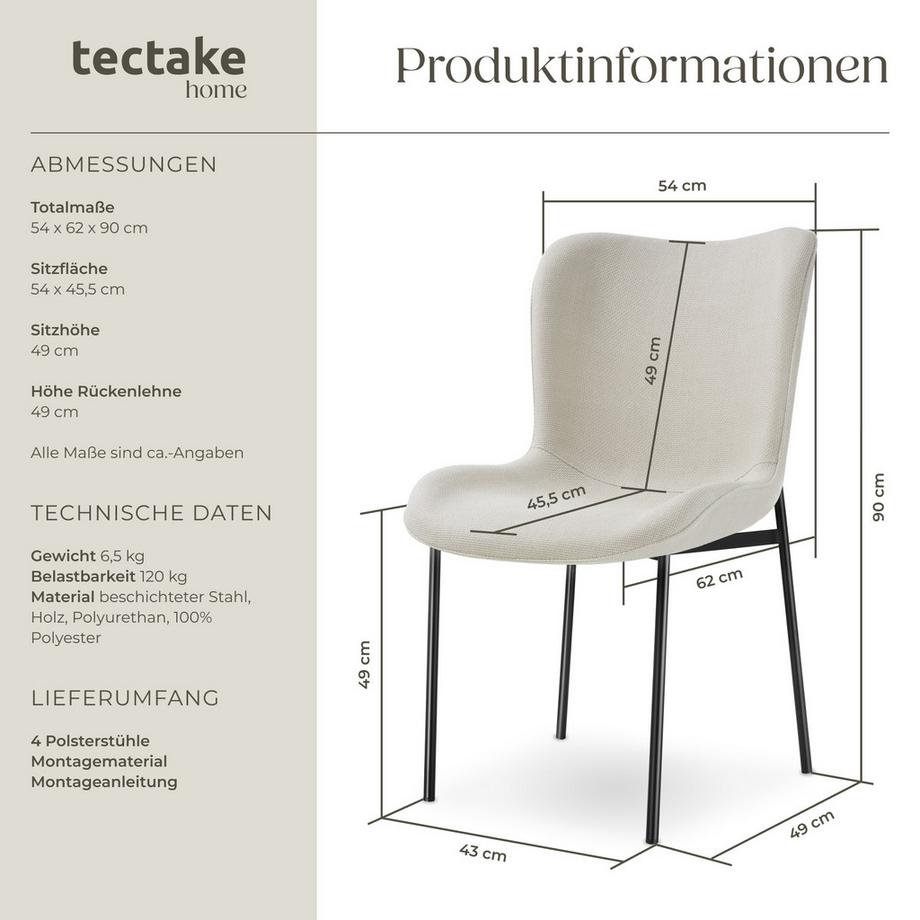 Tectake Chaise rembourrée TESSA forme ergonomique avec dossier haut  