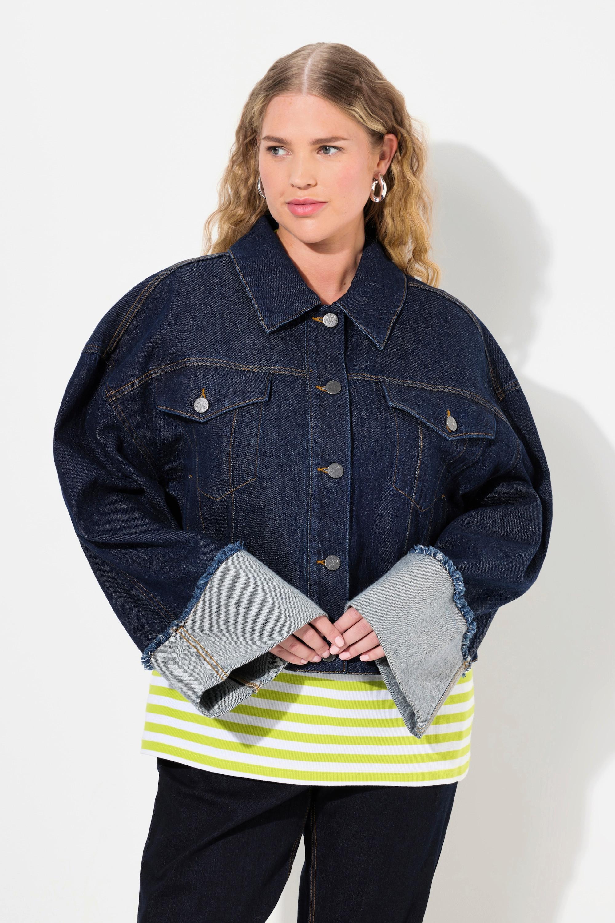 Ulla Popken  Veste en jean stretch, manches avec revers et col chemise 