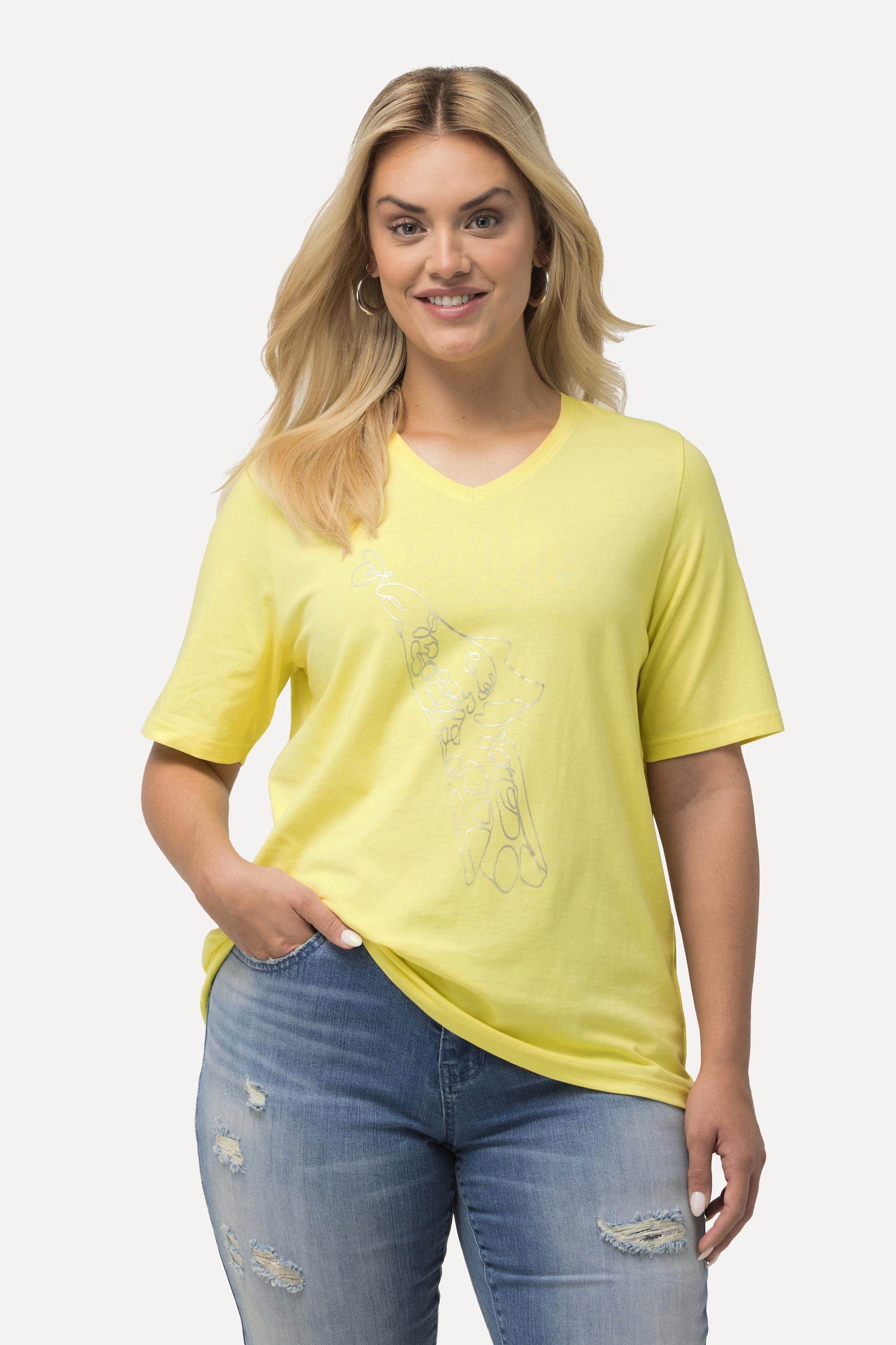 Ulla Popken  T-Shirt, Metallic-Tier, Classic, V-Ausschnitt, Halbarm 