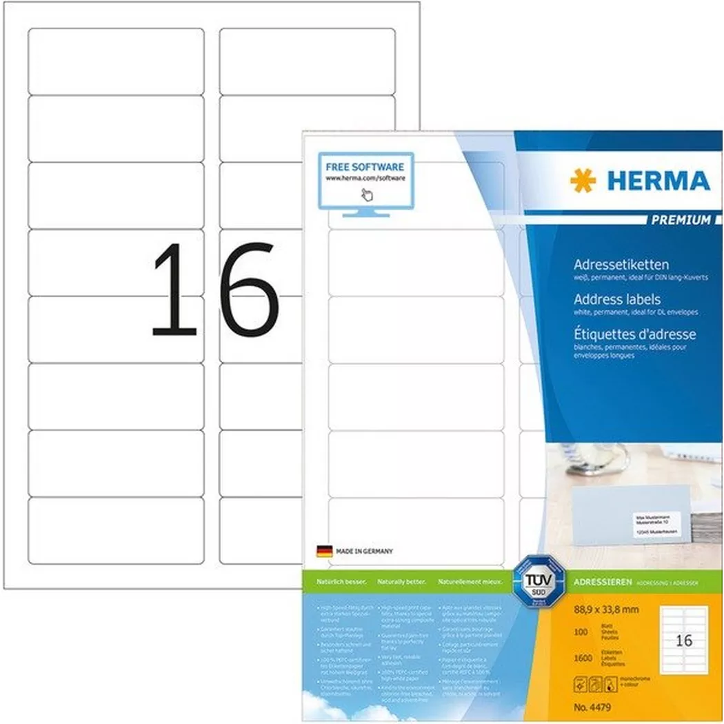 HERMA – Etiketten Premium 88,9×33,8mm 4479 weiss 1600 Stück, One Size