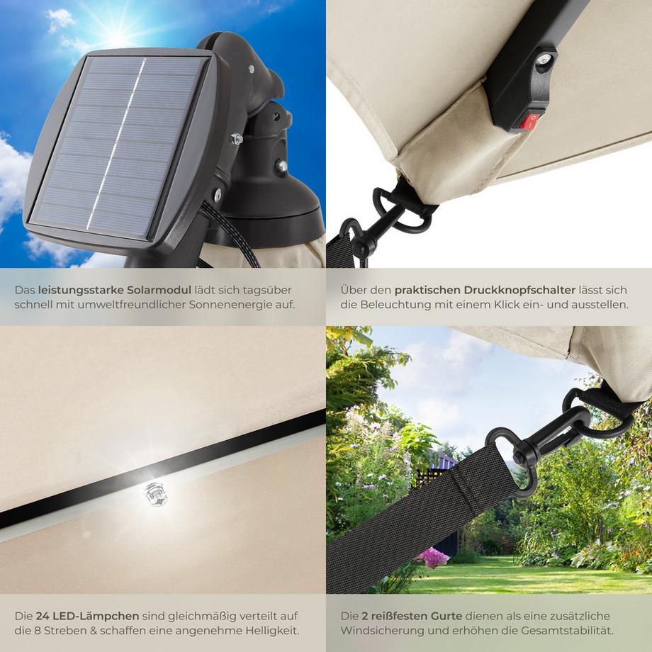 Tectake Sonnenschirm Sunna 250 x 250 cm mit LED Solar-Beleuchtung leichtgängiger Mechanismus  