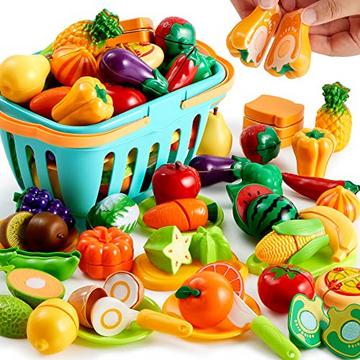 Jouets de cuisine pour les tout-petits, la fausse nourriture comprend des fruits et légumes en plastique, un panier de rangement, des mini-plats et un couteau cadeaux pour les tout-petits