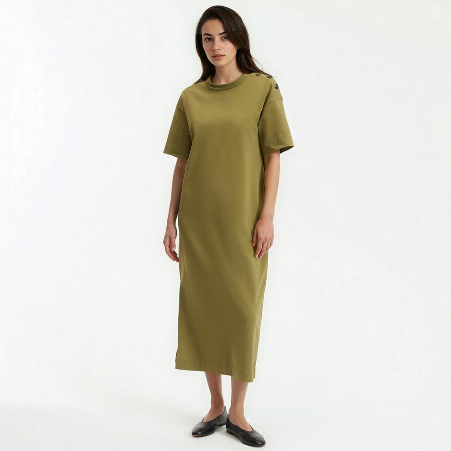 Langes Jerseykleid mit Knopfleiste an der Schulter