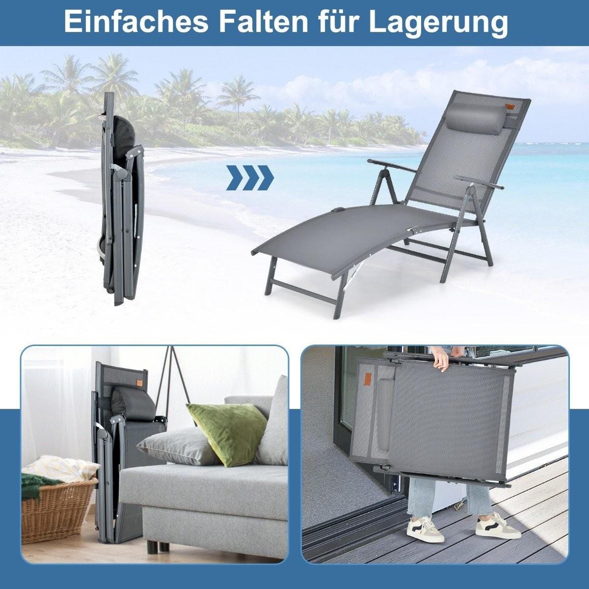 Northix Bain de soleil transat de jardin avec repose-tête 7 dossiers réglables gris  