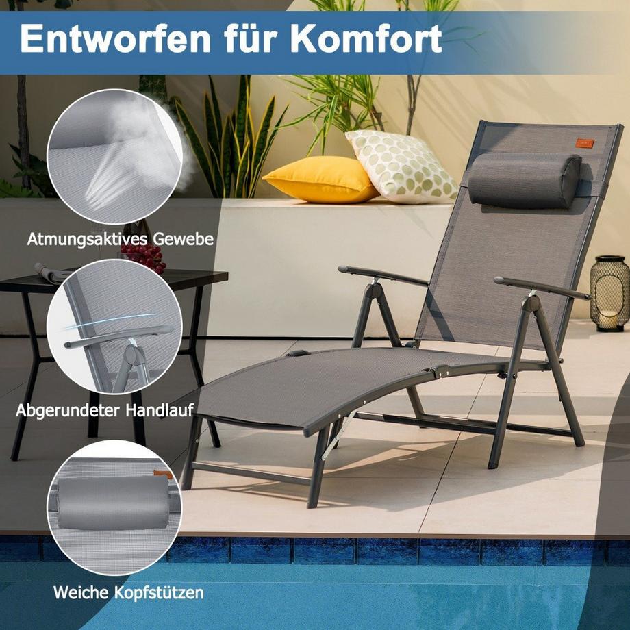 Northix Sonnenliege Gartenliege mit Kopfstütze 7 Verstellbaren Rückenlehnen Grau  