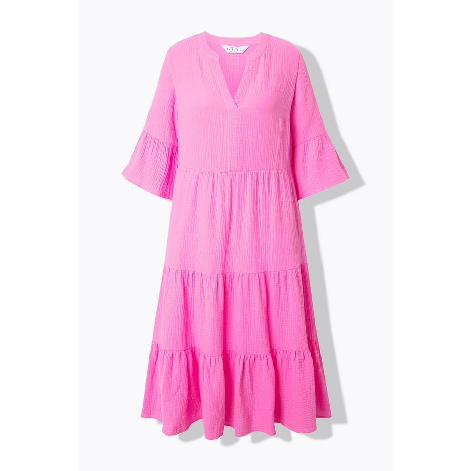 Studio Untold Robe Maxi Trapèze Mousseline Col Montant Volants et Manches 3/4  