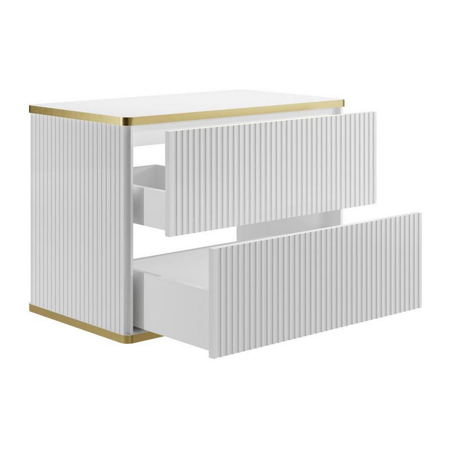 Vente-unique Meuble sous vasque suspendu strié liseré doré - Blanc - L80 cm - KELIZA  