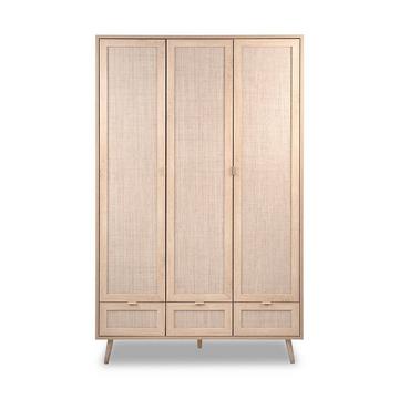 Schrank mit 3 Türen, 3 Schubladen, 2 Kleiderstangen L120cm - Rattan-Druck - Bali