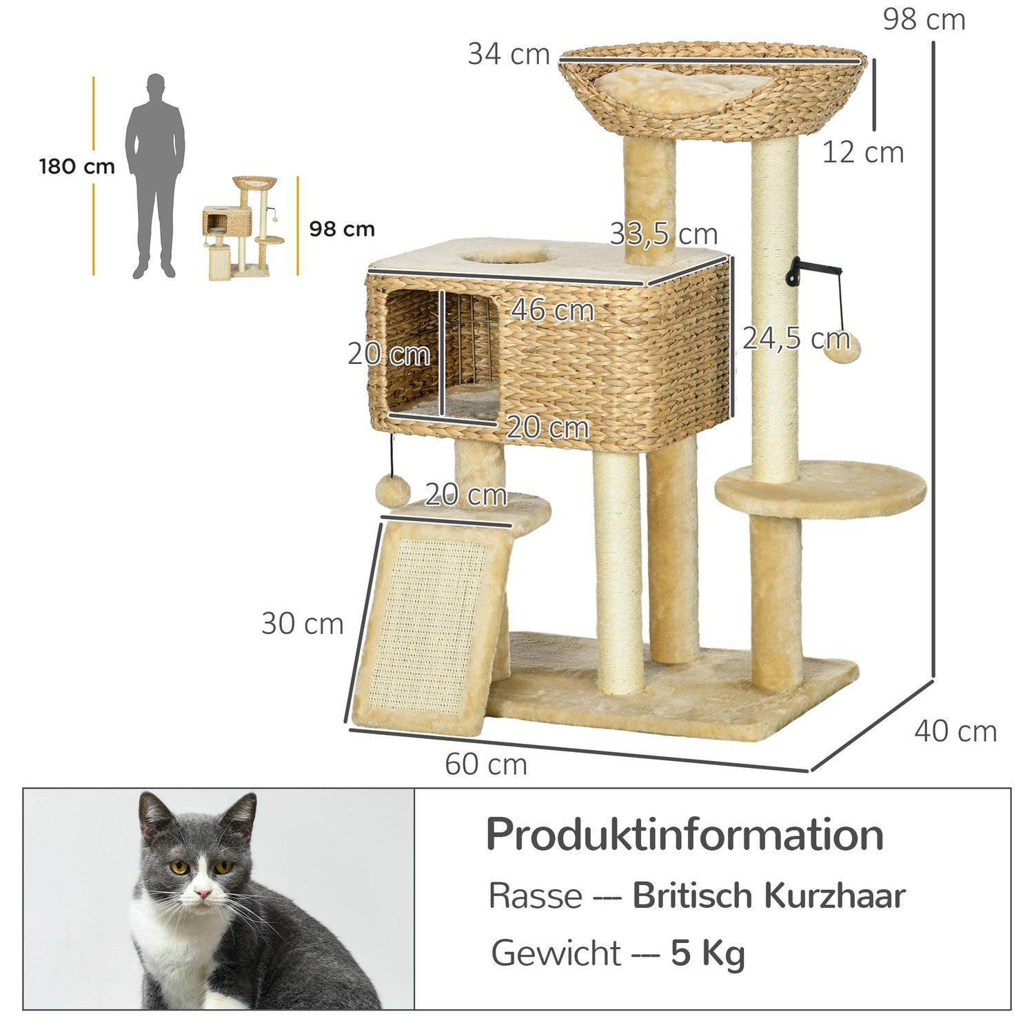 Northio  Arbre à chat 98 cm avec 2 surfaces de couchage, arbre à chat, balle de jeu pour chats jusqu'à 6 kg, meubles pour chat, sisal, beige 