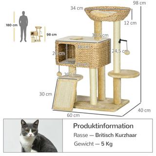 Northio  Arbre à chat 98 cm avec 2 surfaces de couchage, arbre à chat, balle de jeu pour chats jusqu'à 6 kg, meubles pour chat, sisal, beige 