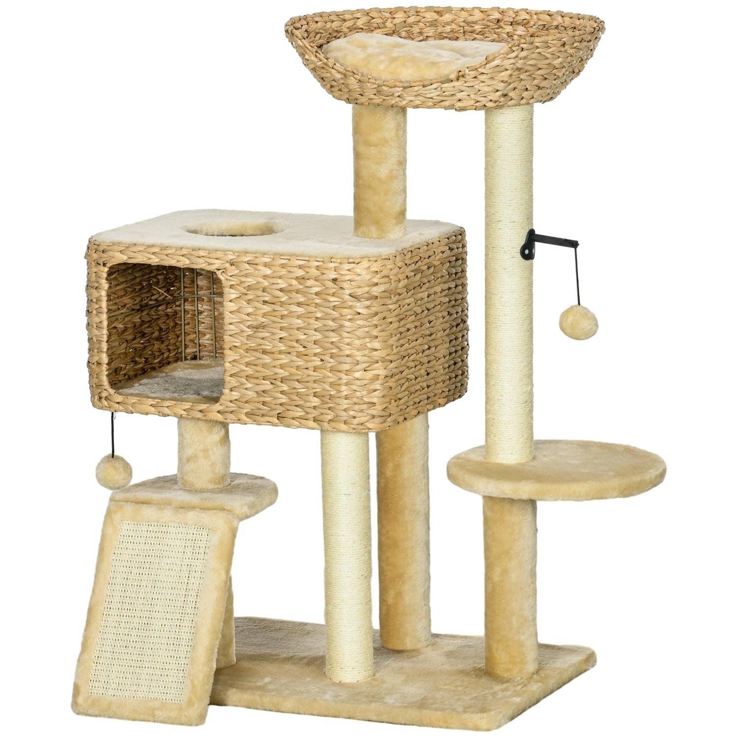 Northio  Arbre à chat 98 cm avec 2 surfaces de couchage, arbre à chat, balle de jeu pour chats jusqu'à 6 kg, meubles pour chat, sisal, beige 