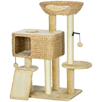 Arbre à chat 98 cm avec 2 surfaces de couchage, arbre à chat, balle de jeu pour chats jusqu'à 6 kg, meubles pour chat, sisal, beige