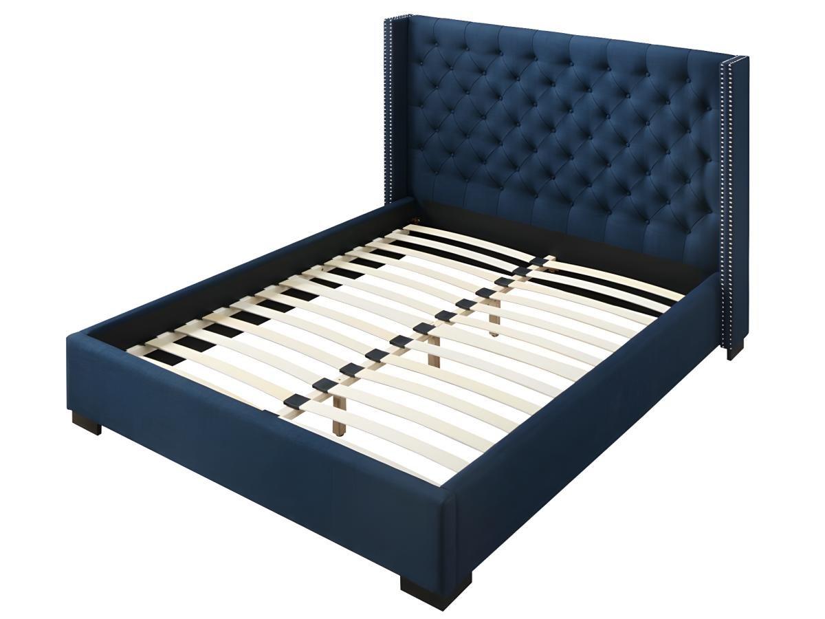 Vente-unique Lit avec tête de lit capitonnée - 160 x 200 cm - Tissu - Bleu + Matelas - MASSIMO II  