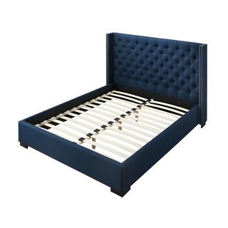 Vente-unique Lit avec tête de lit capitonnée - 160 x 200 cm - Tissu - Bleu + Matelas - MASSIMO II  