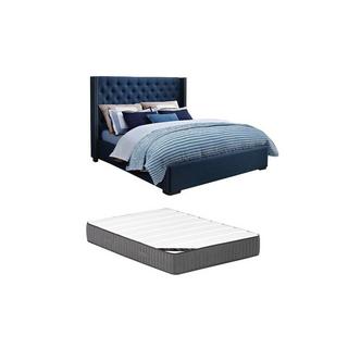 Vente-unique Lit avec tête de lit capitonnée - 160 x 200 cm - Tissu - Bleu + Matelas - MASSIMO II  