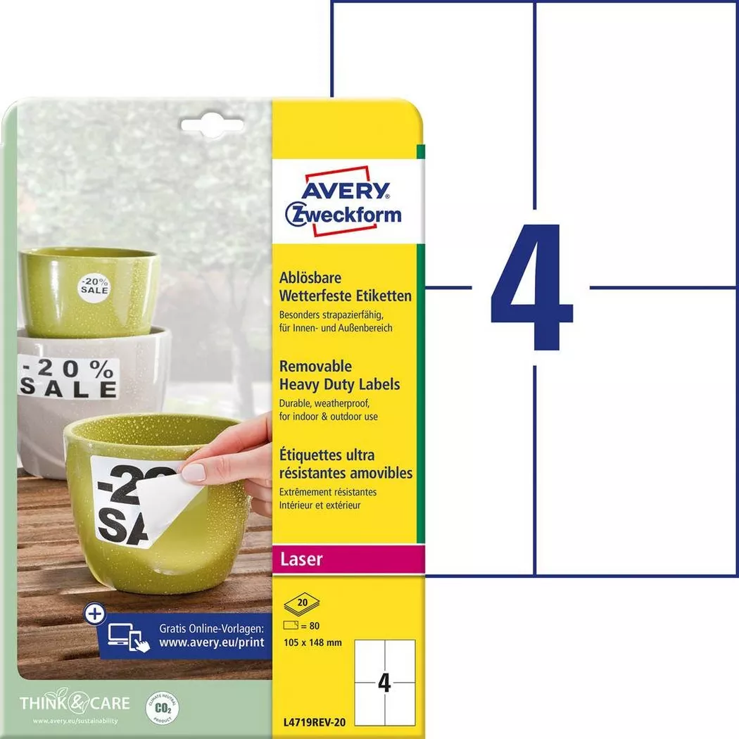 Avery-Zweckform – AVERY ZWECKFORM Etiketten Laser 105x148mm,wetterfest,ablösbar 20B., One Size, Weiss