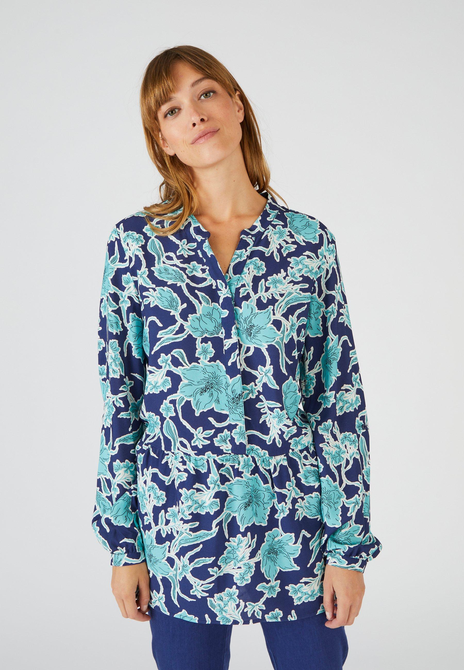 Image of Geblümte Tunika Mit Volant Am Saum. Damen Blau 48