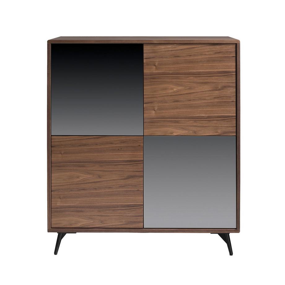 ANGEL CERDA Credenza alta in vetro nero effetto specchio, noce e acciaio nero  