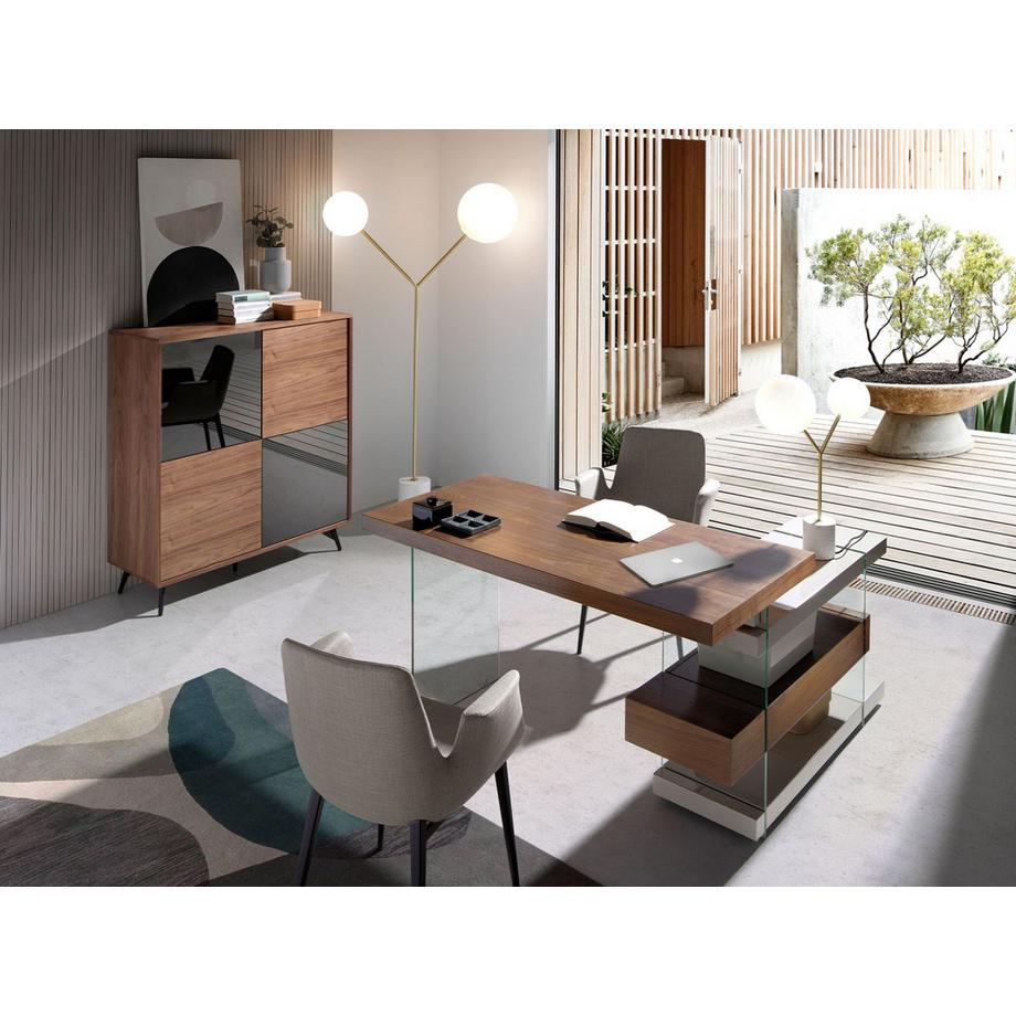 ANGEL CERDA Credenza alta in vetro nero effetto specchio, noce e acciaio nero  