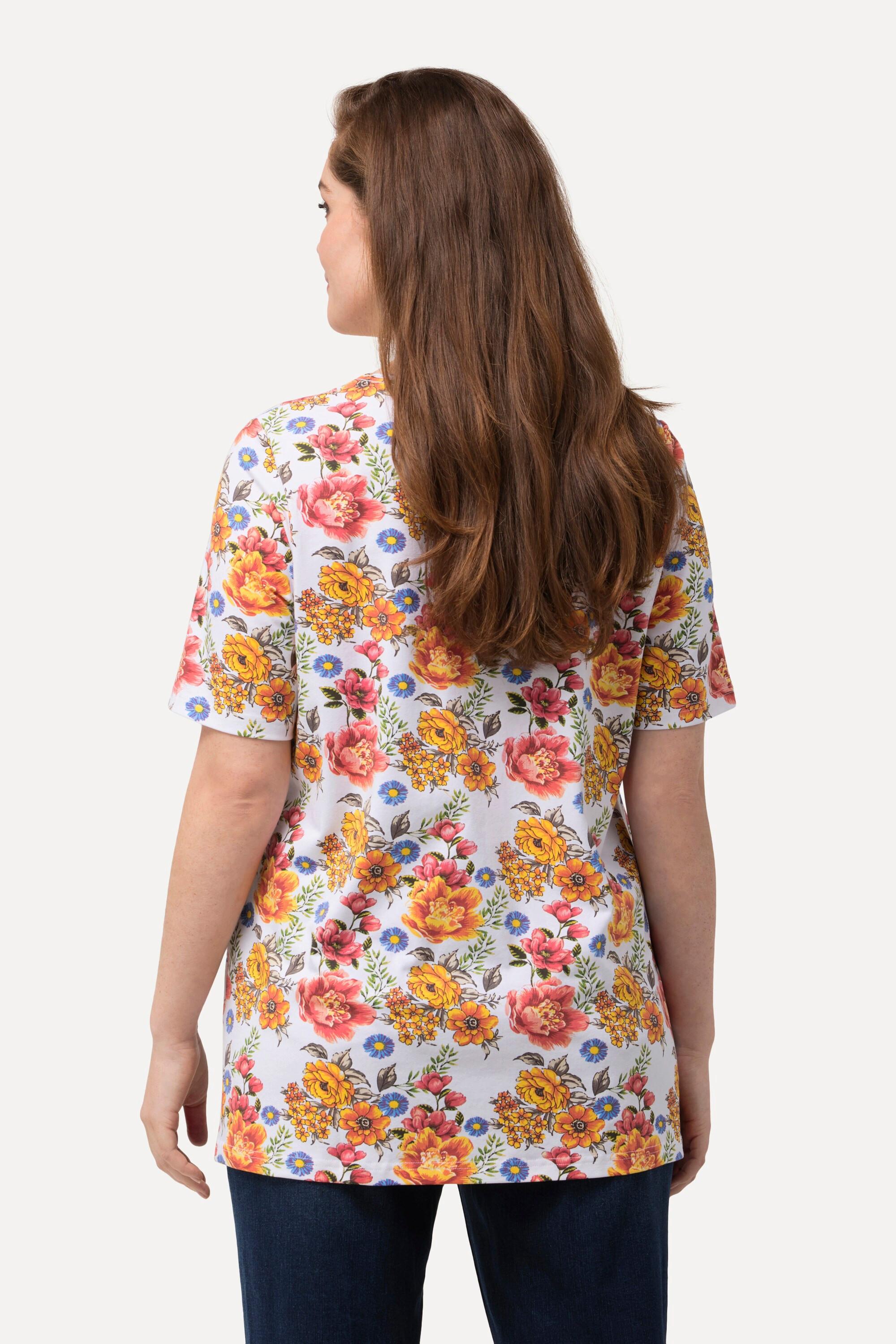 Ulla Popken  T-shirt con fiori, scollo rettangolare e mezze maniche 