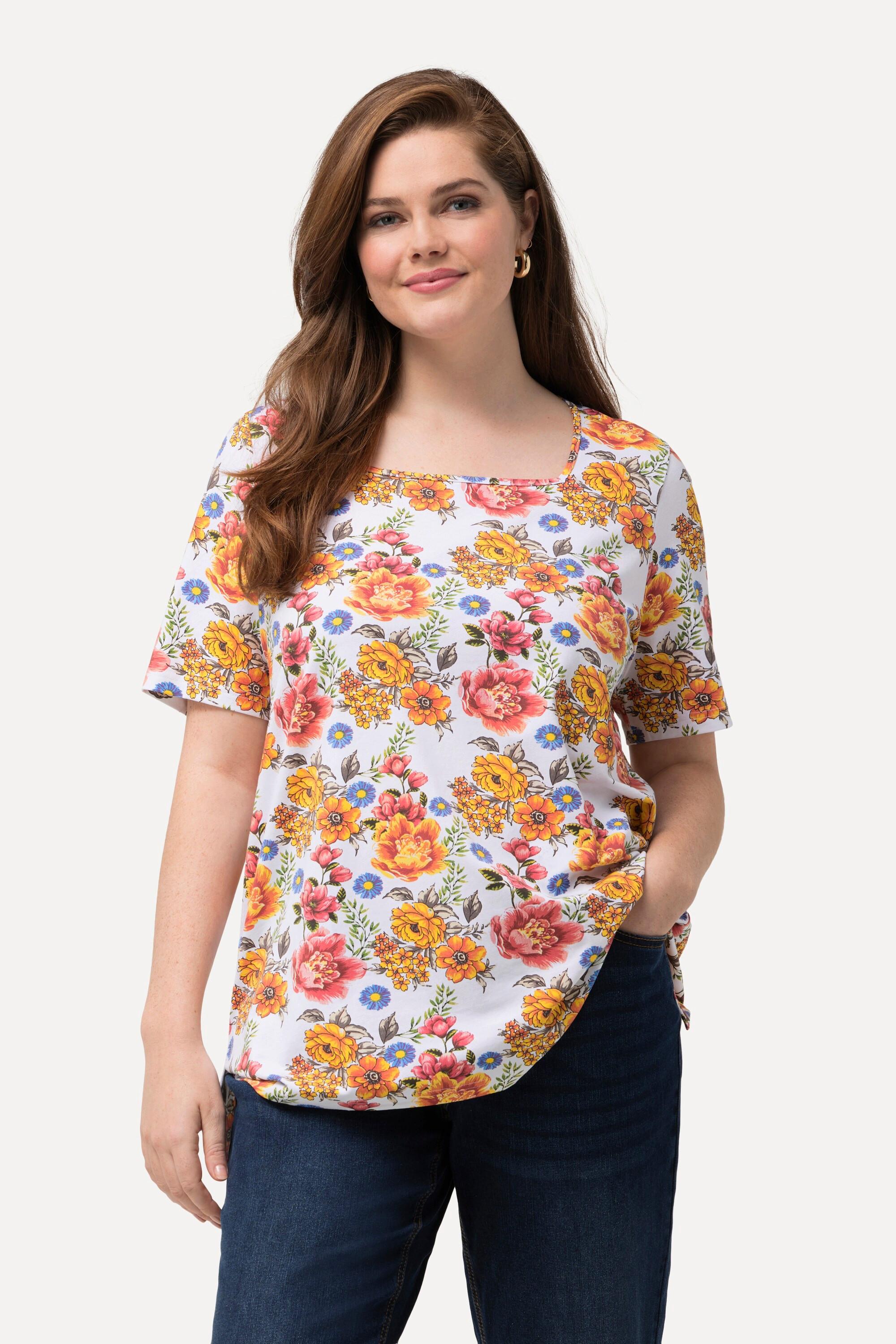 Ulla Popken  T-shirt con fiori, scollo rettangolare e mezze maniche 