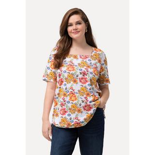 Ulla Popken  T-shirt con fiori, scollo rettangolare e mezze maniche 