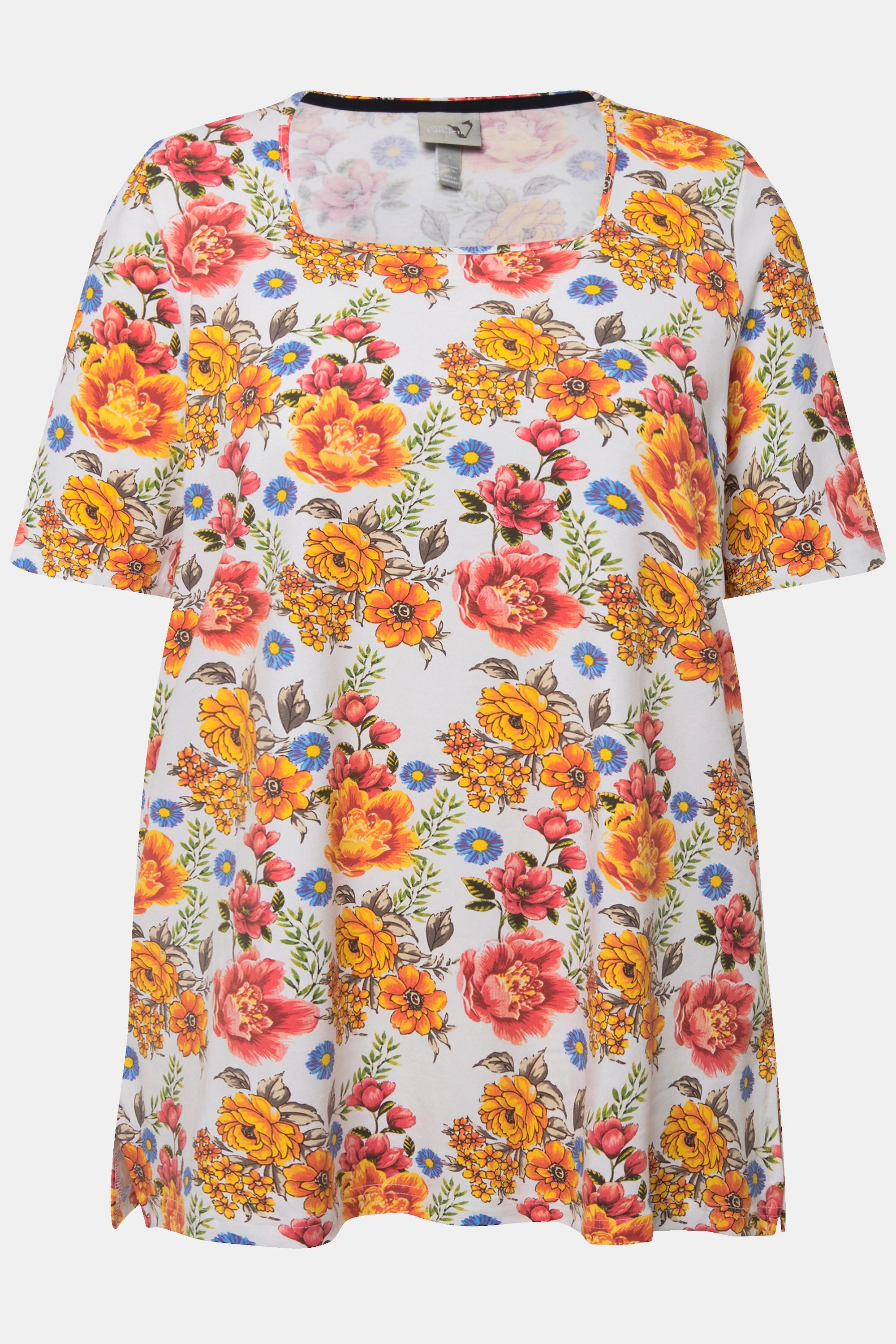 Ulla Popken  T-shirt con fiori, scollo rettangolare e mezze maniche 