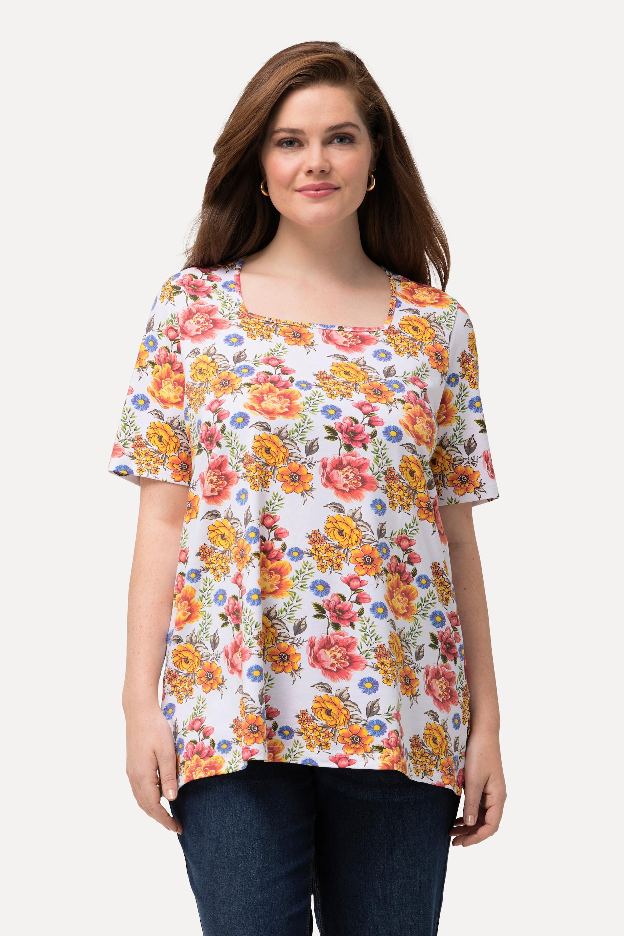 Ulla Popken  T-shirt con fiori, scollo rettangolare e mezze maniche 