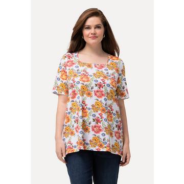 T-shirt con fiori, scollo rettangolare e mezze maniche